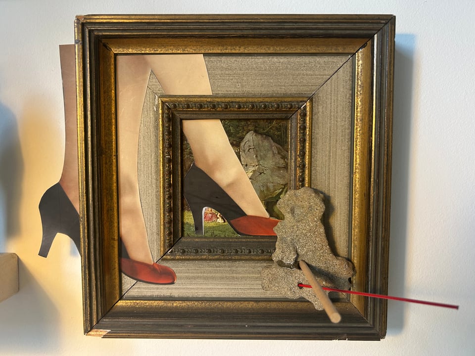 Michael Thomas Schröder, Untitled – nested gilded frames, a collage of legs in court shoes, sandstone, a wooden rod and a red line