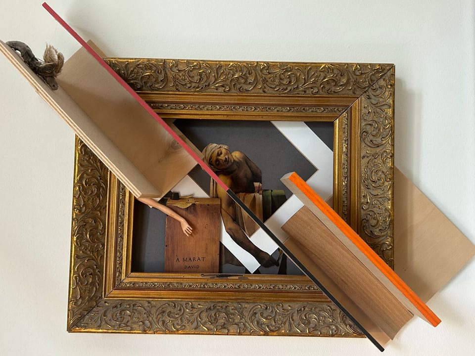 Michael Thomas Schröder, Untitled – gilded frame with fragments of David’s “The Death of Marat” and wooden boards with red and orange edges